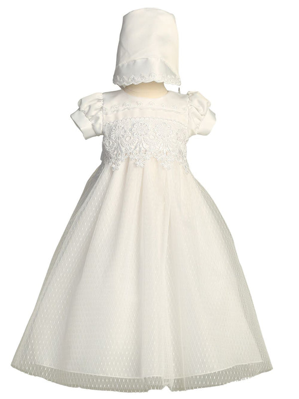 Baby Girls White Satin Lace Trim French Dot Tulle Bonnet Christening Dress 0-18M - SophiasStyle.com